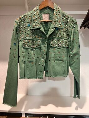 Double D Ranch Olive Green Studded Cropped Jean Jacket